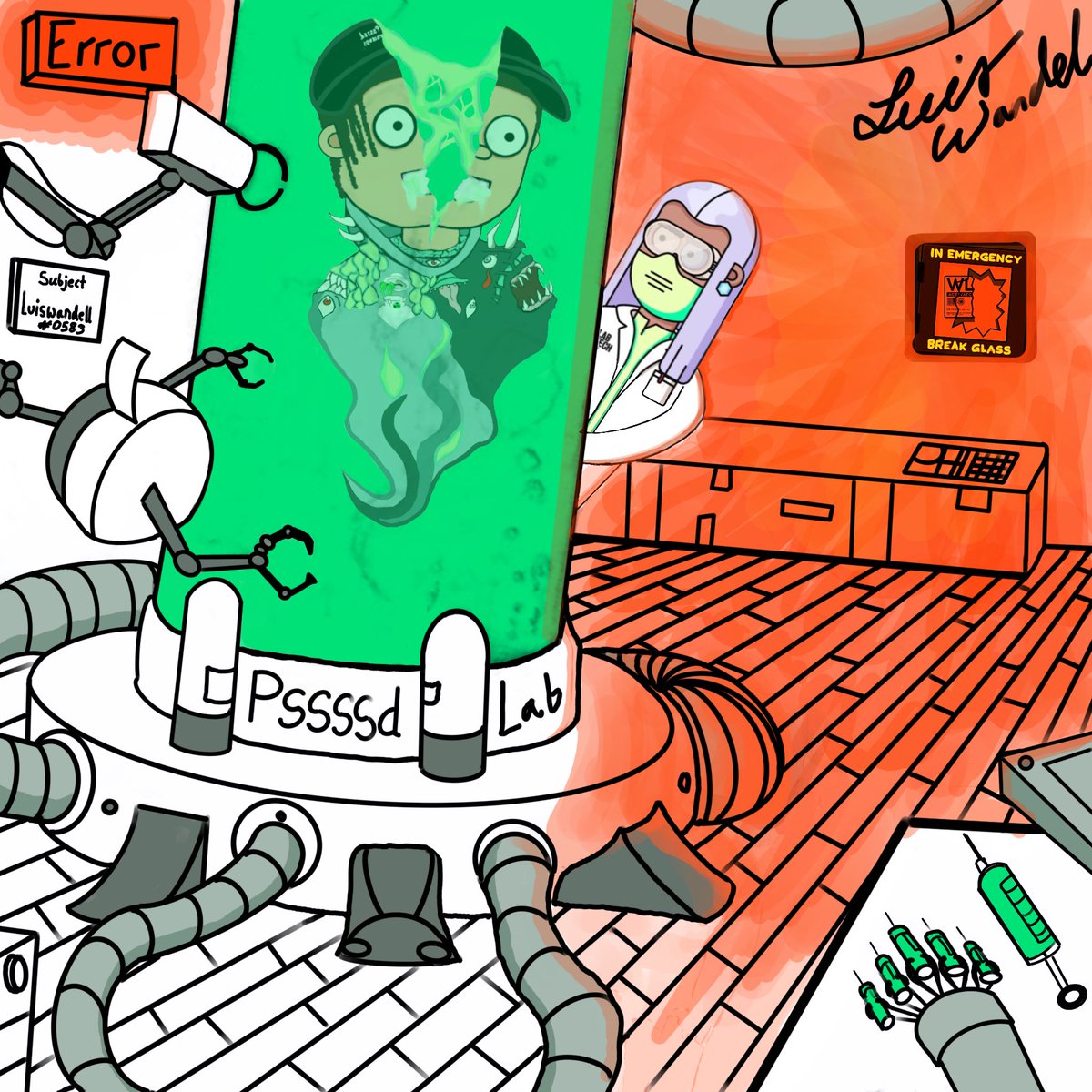 LuiWandel's tweet photo. 🛑MAY I HAVE YOUR ATTENTION PLEASE🛑

Testing subject luiswandell#0583 gone wrong!
He’s mutating to a pssssd monster!
@luuminize was in the lab as it happened. She had to break the emergency glass!

Let’s hope nobody got infected @ThePossessedNFT @whatthefurr @tmw_buidls❗️
#posse https://t.co/JSccGXUIPF