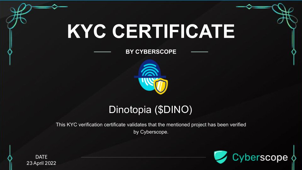 cyberscope_ann's tweet photo. We just finished the KYC for
 @DinotopiaNFT

Check the certification.
https://t.co/PxFYDpLPXV

Want to get KYC for your project?
https://t.co/BpKMpQ6c5z

#Crypto #Blockchain #Kyc https://t.co/FrRaiJYCDq