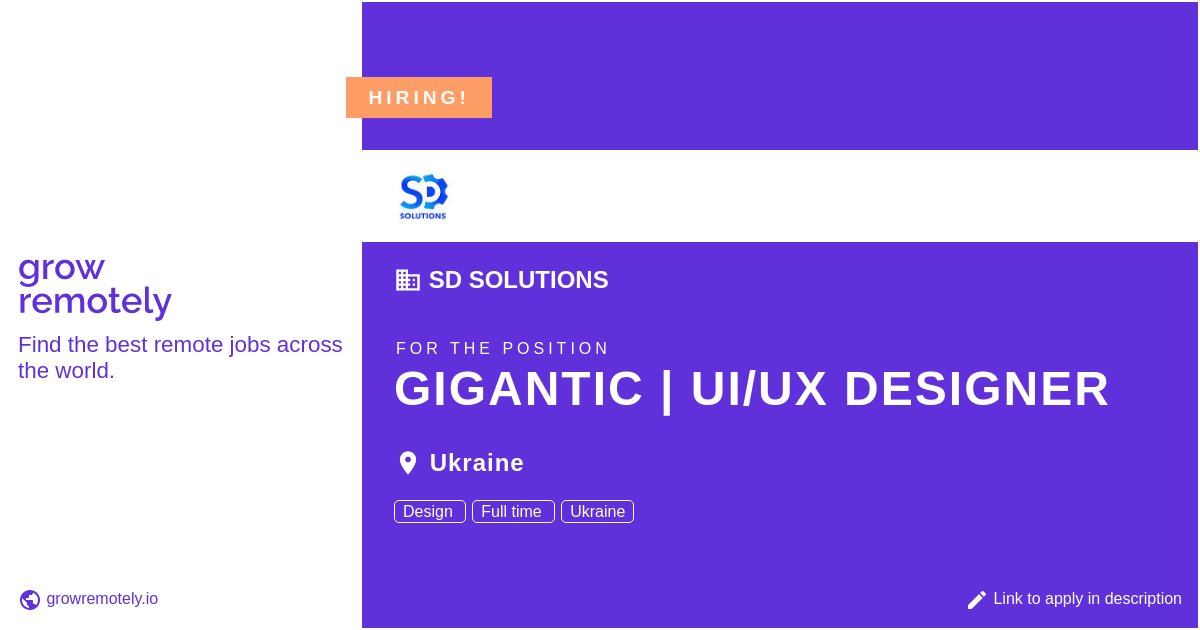 growremotelyio's tweet image. Check out this job at SD Solutions for the position Gigantic | UI/UX Designer.

 Apply link: growremotely.io/?id=626343ee82…

#hiring #remotejobs #SDSolutions #Design