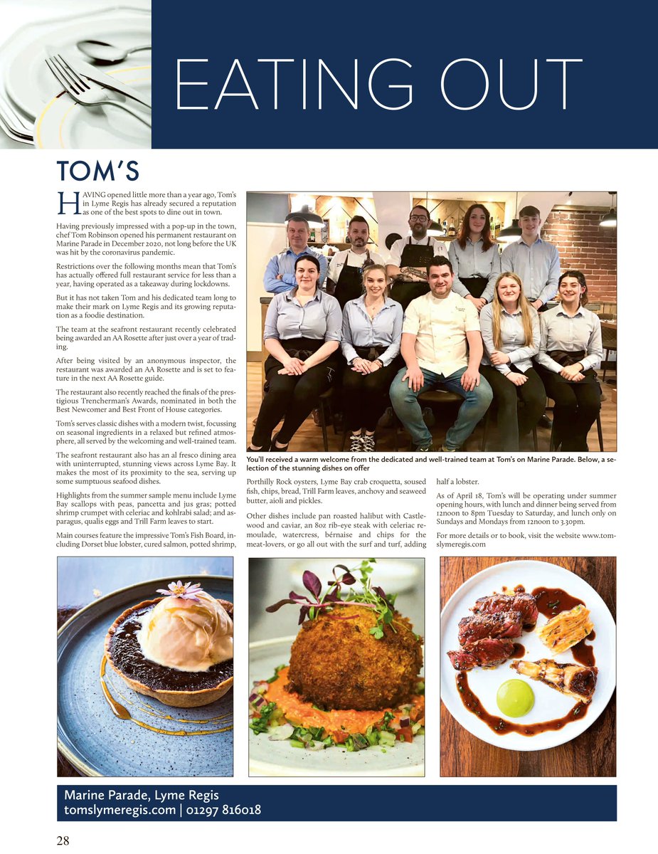 LymeLifeMag's tweet photo. Open for just a year and a half, seafront restaurant Tom’s has already received an AA Rosette! 

It’s just one of the great local businesses featured in the Eating Out section of the new Lyme Life Magazine! 

Pick up your free copy or read online at https://t.co/1Fz5MRoHiB https://t.co/7vVrUsDuy5