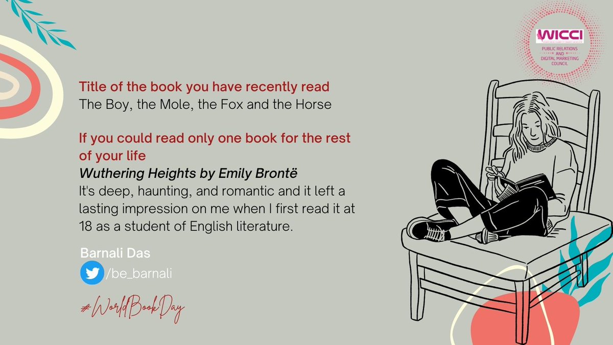 WICCIPRDigital's tweet photo. @kavitalakhani 'Wuthering Heights' by #EmilyBrontë is that book which @be_barnali can read for the rest of her life. #WorldBookDay 📔 https://t.co/2xpGyd5Woc