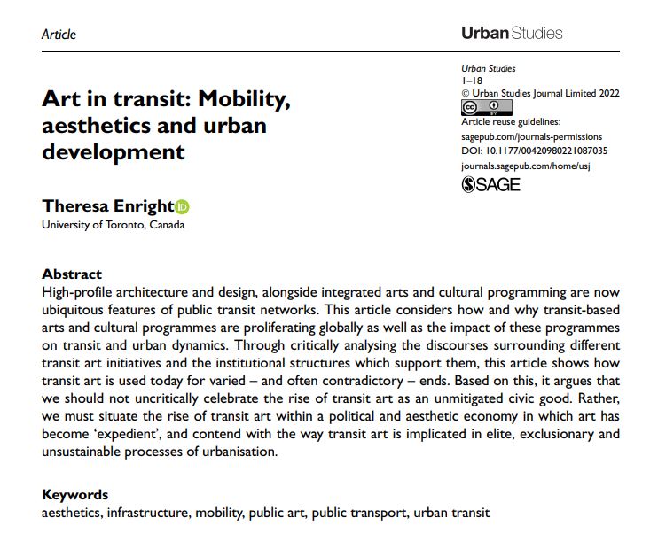 New article by <a href="/tenright/">theresa enright</a>: Art in transit: Mobility, aesthetics, and #UrbanDevelopment ow.ly/Wpv750IPxmq #transport