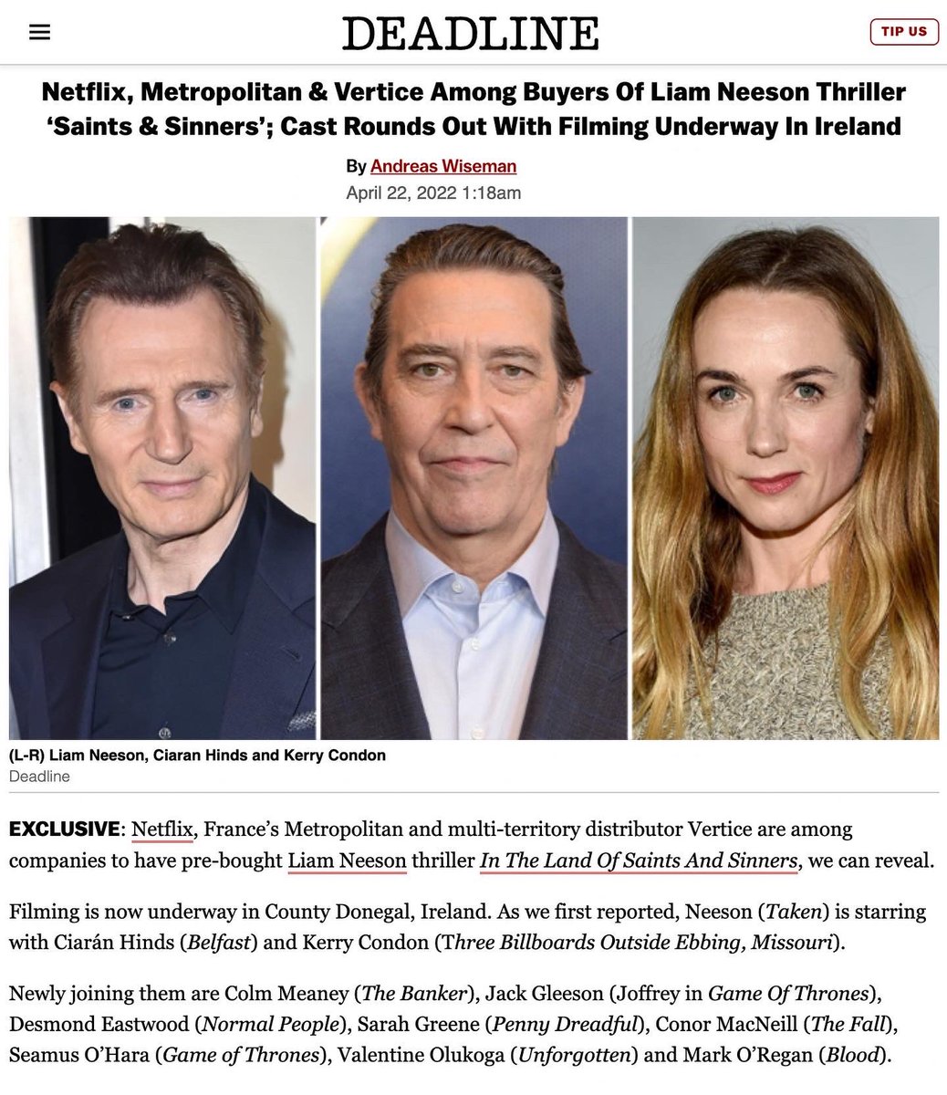 Film news 🎥 @Valvenus16 announced as supporting lead opposite Liam Neeson & Ciarán Hinds in upcoming thriller In The Land Of Saints And Sinners. Currently shooting in Ireland, with a @NetflixUK release TBA. Casting by @louisekiely @DEADLINE @theBBTAs #valentineolukoga
