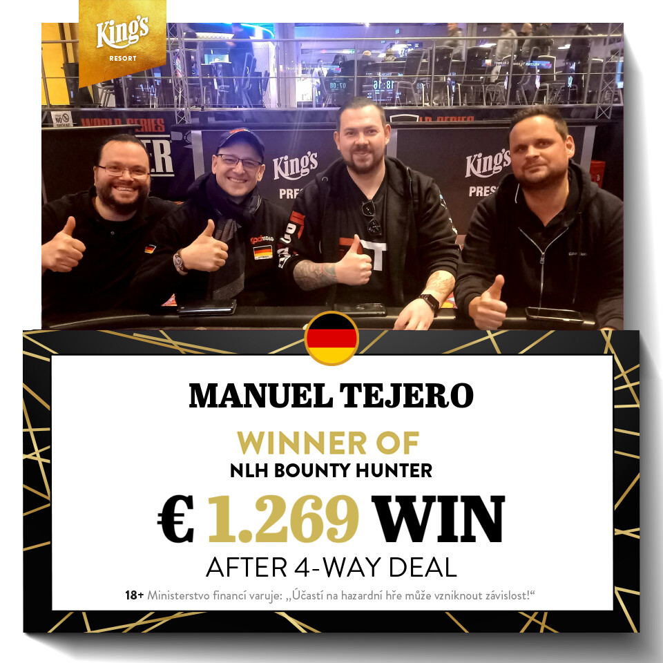 PokerroomKings's tweet photo. 🥇🏆🥇 Announcement of the Friday Bounty Winner🥇🏆🥇

Congratulations go to Manuel Tejero from 🇩🇪 Germany 🇩🇪 who has won King's Friday Bounty special.

Manuel was part of a 4-way deal &amp; collected € 1,269. 💰👏🎊🎉 https://t.co/KJVN0APVgp