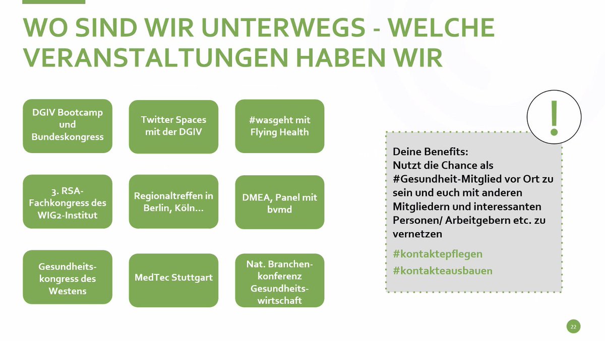 HashtagGesund's tweet photo. Die #Präsenzveranstaltungen gehen wieder los - hier findest du uns demnächst vor Ort, hybrid und virtuell. Unter anderem sind wir direkt nächste Woche auch mit einem eigenen Panel in Kooperation mit der @bvmd_de  bei der @_DMEA. 😉 https://t.co/r55Yk4plwx