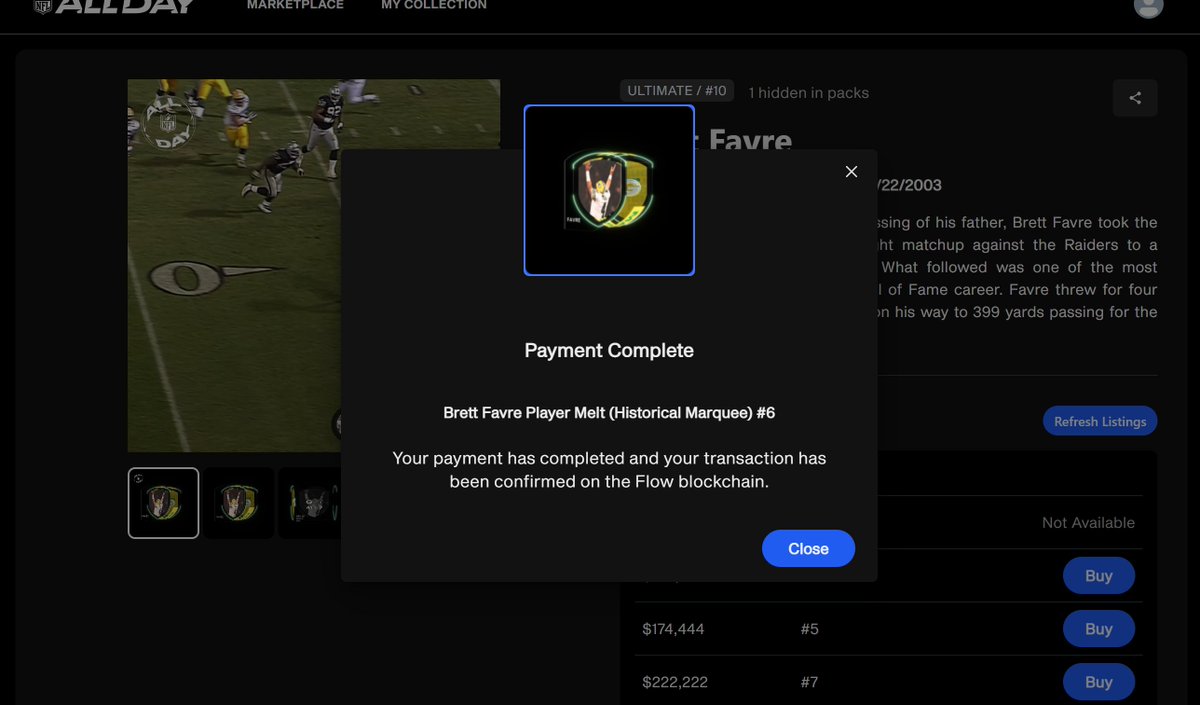 BigM33sh's tweet photo. The bros and I made history!

We purchased the first ever Ultimate Moment sold on @NFLALLDAY for $44,444! The Brett Favre game the day after his father passed. His best game ever?!

This would look perfect in our NFT Sports bar, right @NFTeeT @mambamode3?

https://t.co/lR3mvrh90L https://t.co/2e9oKZbtde
