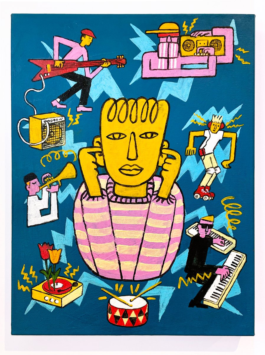 TristanManco's tweet image. What’s That Noise? New music themed doodle painting on canvas inspired by the Coldcut album of same name. ©™ #whatsthatnoise #coldcut #music #musician #sound #illustration #acryliconcanvas #synth #ghettoblaster #walkman #jazz #bateria #accidentallybartsimpson