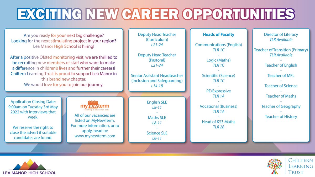 Enjoy your weekend- &amp; oh yes, apply for some of the great posts <a href="/leamanorschool/">Lea Manor High School</a> . Two Deputy Heads required, an Assistant Head, five Heads of Faculty and three SLEs all needed. Please share or apply 👍. <a href="/DamianCarlier/">Damian Carlier</a> <a href="/TomBellwoodCLT/">Tom Bellwood</a> <a href="/lauraHRCLT/">Laura Townsend</a> <a href="/LorraineHughe20/">Lorraine Hughes FCCT</a> <a href="/MissChloe_Ward/">Chloë Ward</a>