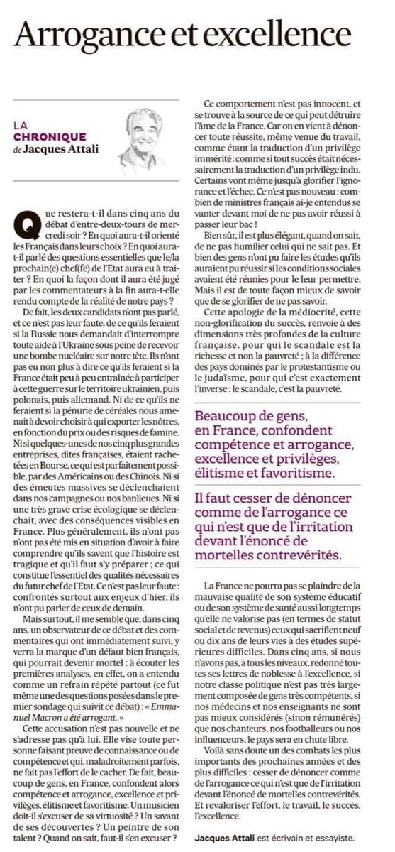 RaphaelChenol's tweet image. La dernière tribune de @jattali criante de vérité :
"Cette apologie de la médiocrité, cette
non-glorification du succès, renvoie à des dimensions très profondes de la culture française, pour qui le scandale est la richesse et non la pauvreté"