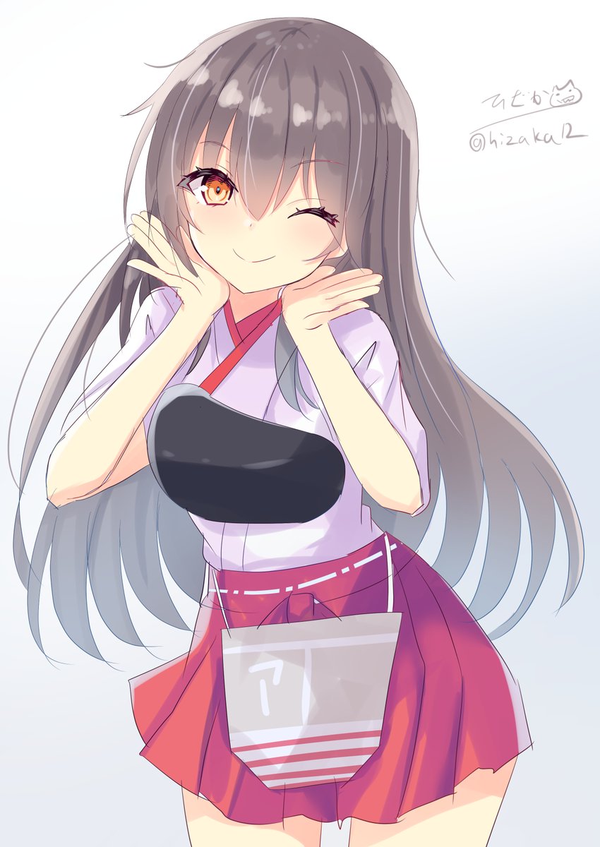 akagi (kancolle) 1girl long hair solo muneate japanese clothes one eye closed skirt  illustration images