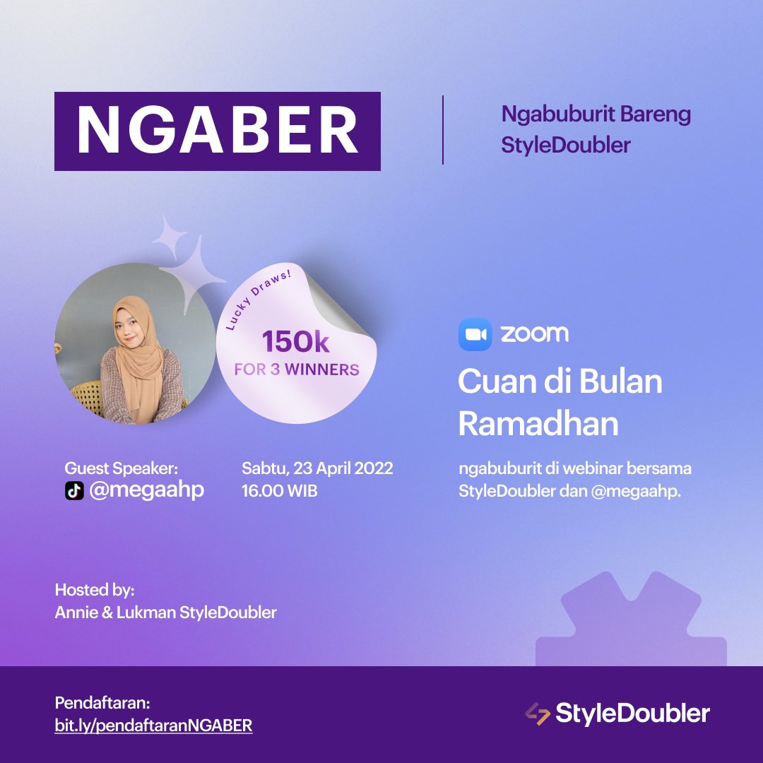 StyleDoubler Troops, yakin nggak mau ikutan NGABER? Guest speaker kita kali ini adalah KOL StyleDoubler pemegang rekor penghasilan tertinggi, lo! Yakin nggak mau di-spill tips and tricknya? Yuk, ikutan! bit.ly/pendaftaranNGA… 💰😍✨
