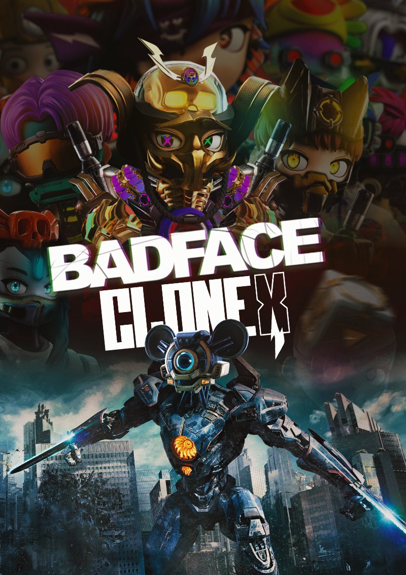 cyberstron_'s tweet image. If there was a #BadFaceCloneX movie, I think the poster would look like this ⚔️ @badfacebots @RTFKTstudios ❤️

#CloneX #MNLTH #clonexfam