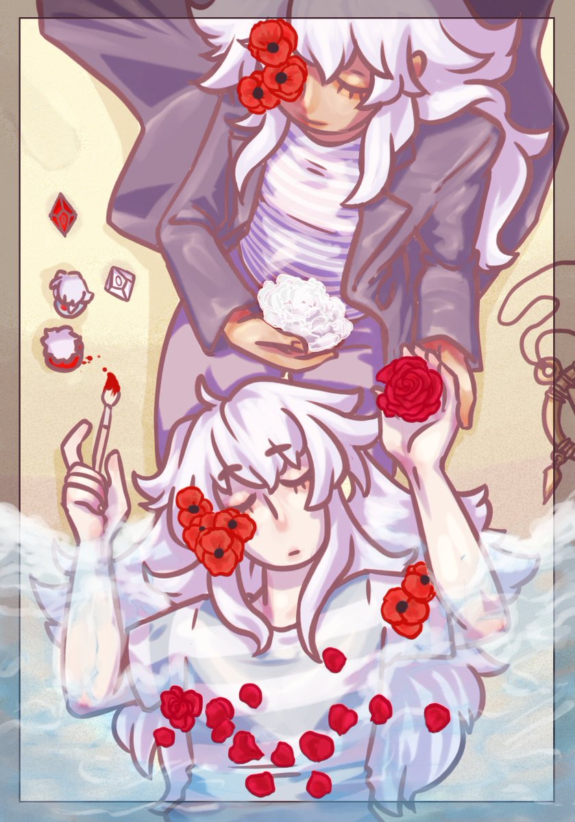 guttersblessing's tweet photo. plus my bakura bonus piece ! poppies for dreams, red roses for love, white peony to beg forgiveness. https://t.co/u7elTLZJOK