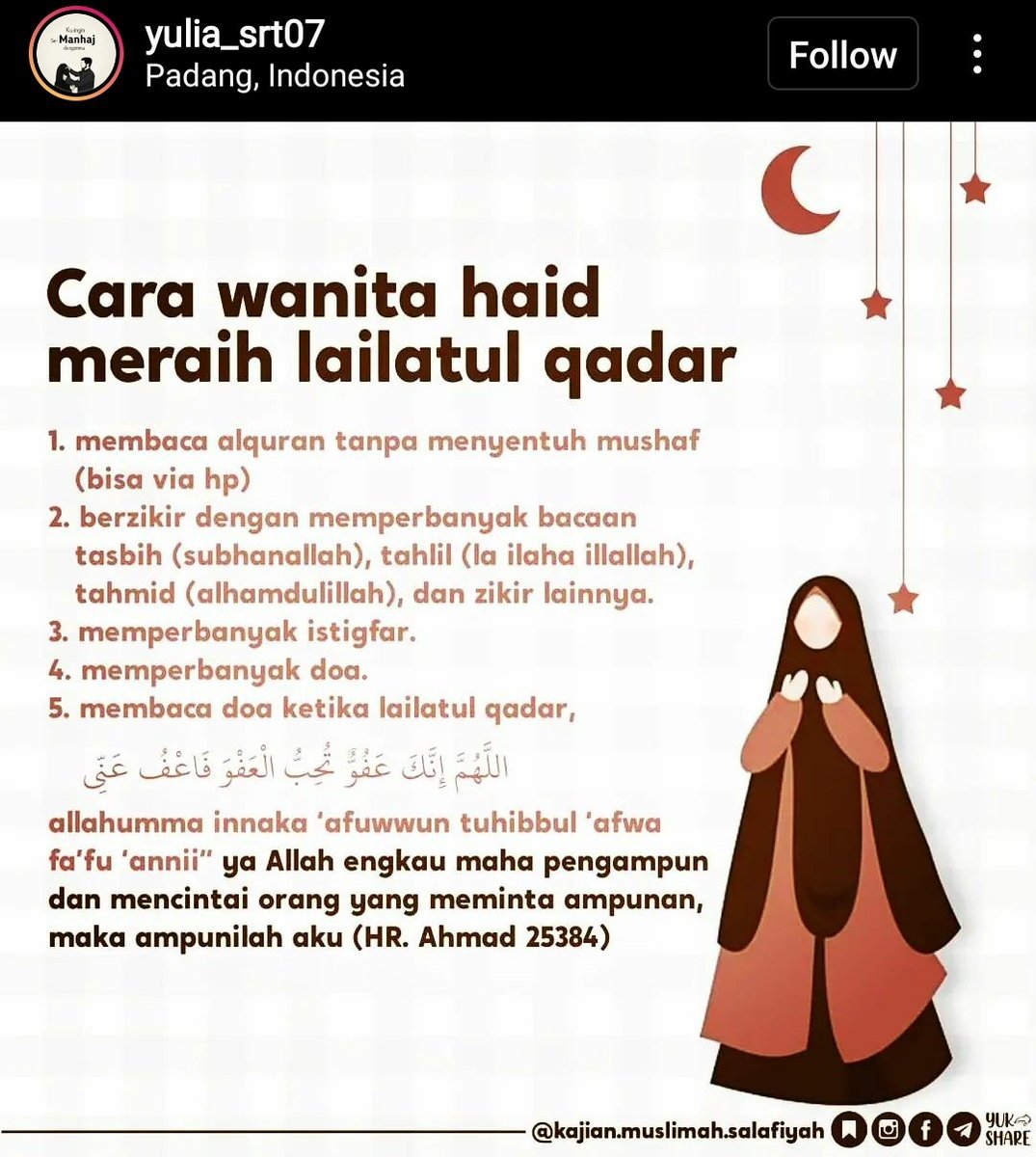 Yang dpet haidh jgn sedih! Bisa jg dgn memperbanyak sodaqoh atau ngasih makan org utk buka puasa sebanyak²nya 🥰