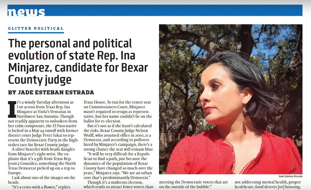 I enjoyed sitting down with state Rep. <a href="/vote4ina/">Ina Minjarez</a>, #candidate for #bexarcounty judge. She steps into the <a href="/glitterpolitics/">Glitter Political</a> spotlight in this week’s issue of the @sacurrent. Digital issue: sacurrent.com. #interview #election2022  🗳️