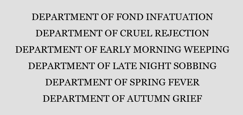 #readingthestone  Somehow this list of departments makes me extremely happy and seen: