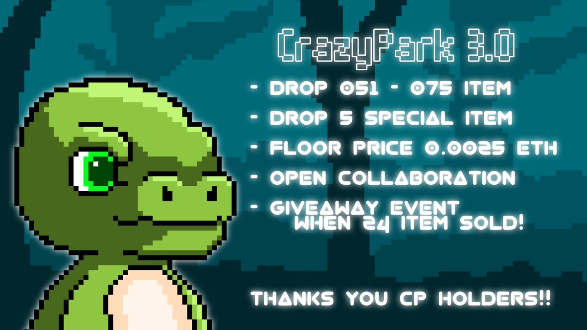 Miqs_nft's tweet photo. CrazyPark 3.0!! 
Let's hold some crazydino and become to CP Holders ✌ 

#NFTs #PixelNFT #NFTCommunity #NFTJapan #NFT買います
#NFT買います #NFT宣伝枠 #nft友達募集 #NFT紹介枠 https://t.co/8P51utGLir