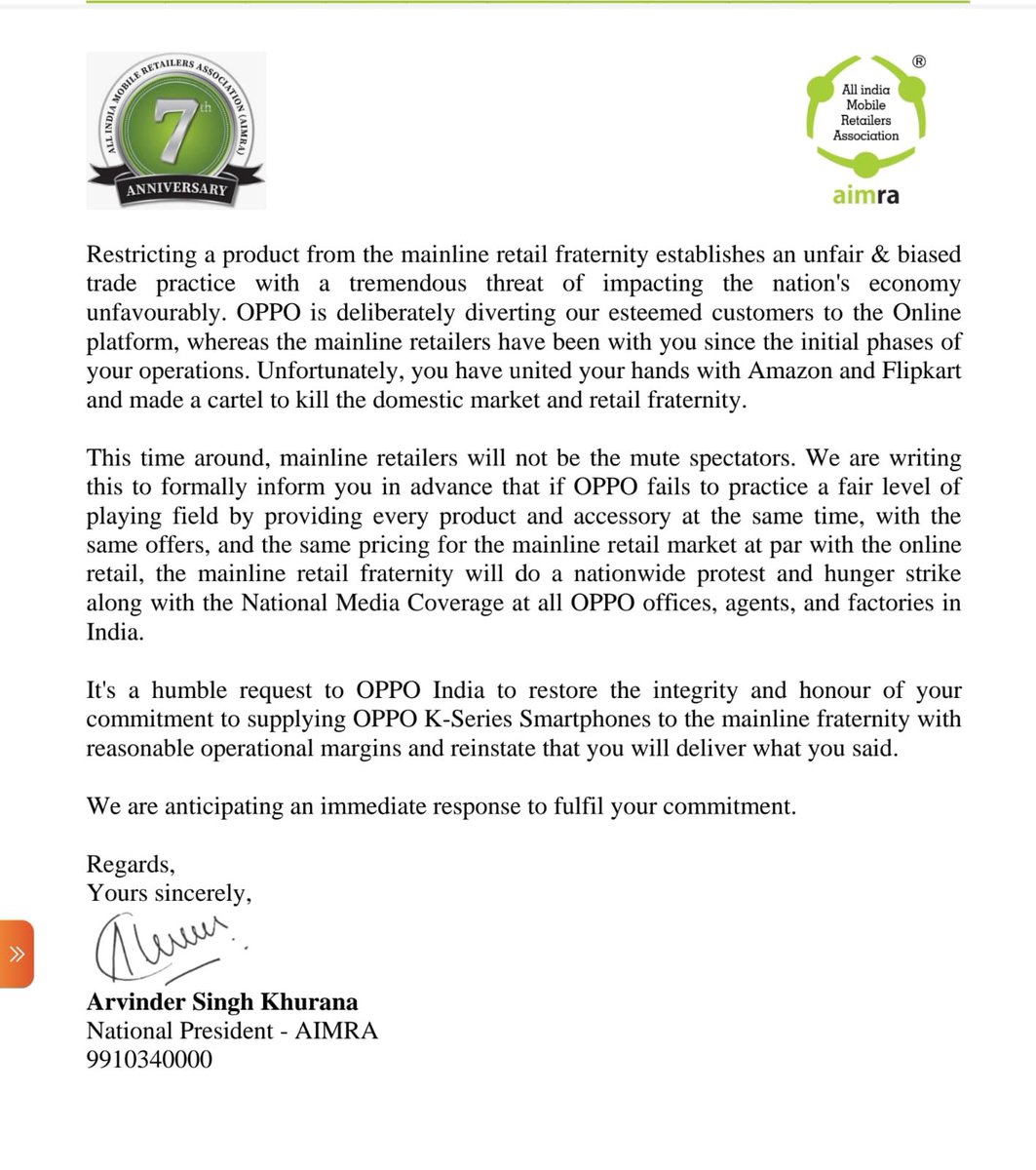AimraIndia's tweet photo. Due to unfair &amp; unethical trade practices of the Chinese Brand- @OPPOIndia, Indian retailers are upset &amp; have decided to do a hunger strike in OPPO offices across India on the 27th of April to have a level playing field. @CCI_India @DPIITGoI @CAITIndia @swadeshimanch @OraIndia1 https://t.co/OjwPLco02j