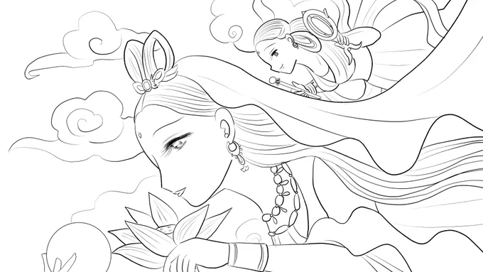 福娘様昔話かぐや姫ペン入れ、牡丹灯籠ペン入れ
建物たくさん描くのが大変なのでチマチマ描いていきます 