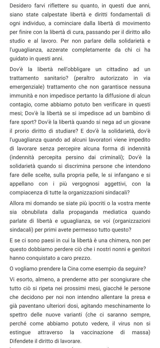 i_pittore's tweet photo. Lettera aperta ai sindacati confederali che in occasione delle festività del 25 aprirle/1 maggio parlano di libertà, uguaglianza e solidarietà. 
Ricordo che ancora, ad oggi, per legge, siamo l'unico paese in cui per poter lavorare è obbligatorio presentare un pass. https://t.co/syyhfBVo5U