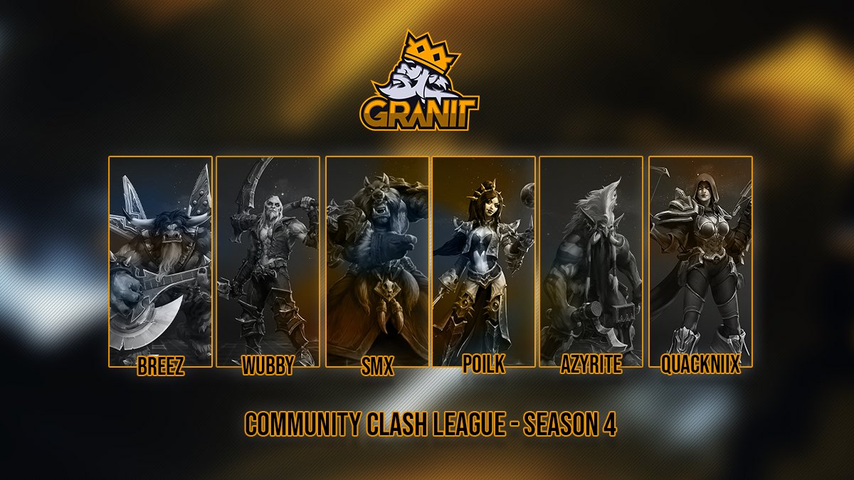 Our roster for CCL Season 4👇Please welcome them to the family: 

🟠 <a href="/QuackNiix/">QuackNiix</a> 
⚫️ <a href="/Liljestrom/">Filip SmX Liljeström</a> 
🟠 <a href="/Wubbyz/">Wubby</a> 
⚫️ <a href="/POILKpls/">Vilhelm - POILK</a> 
🟠 <a href="/BreezGG/">Breez</a> 
⚫️ <a href="/Azyrite/">Azyrite</a> 

We are ready for <a href="/HeroesHearthCCL/">HeroesCCL by HeroesHearth</a> , are you? 👊🏻 🔥 #GranitFamily