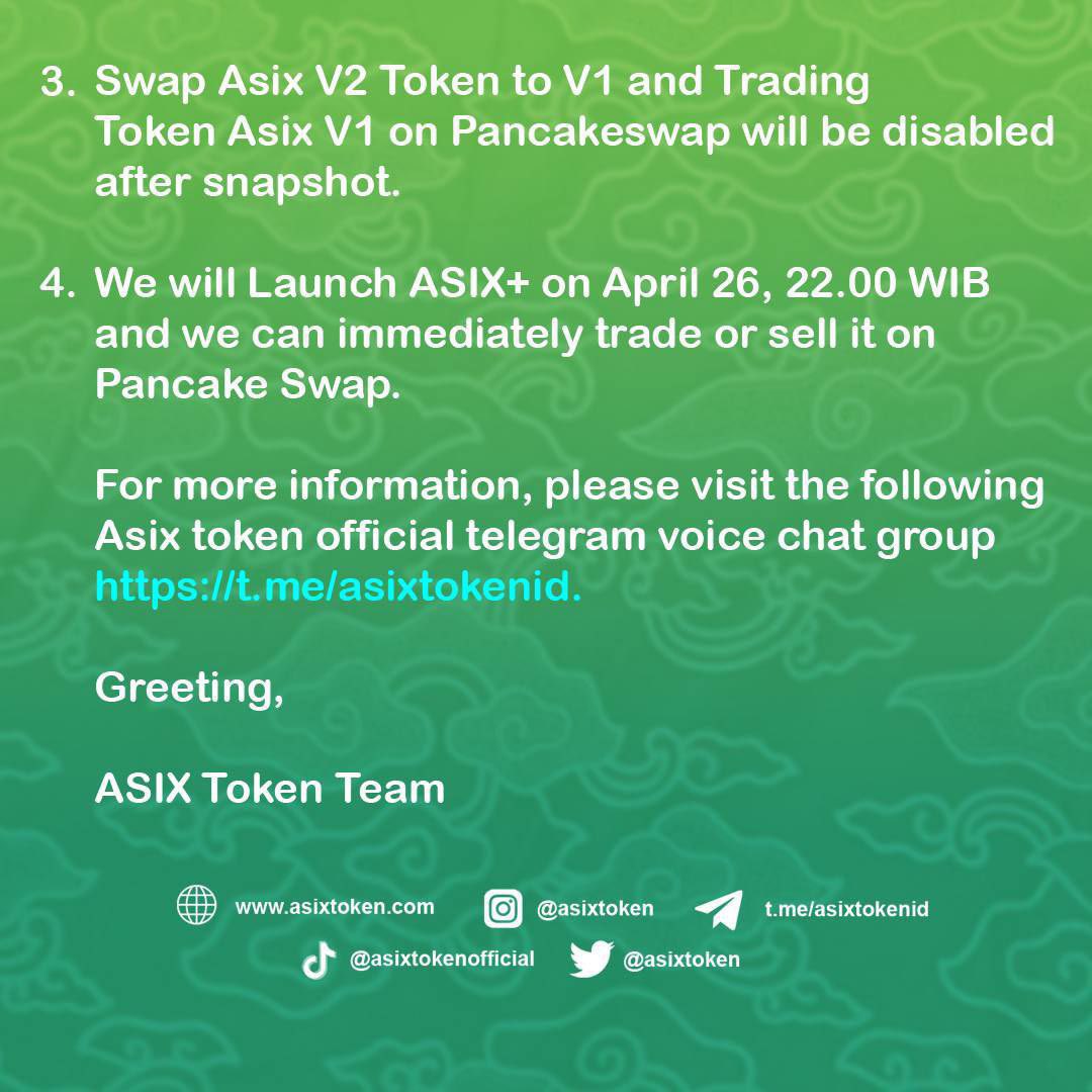 AsixPlusNFT's tweet photo. Annoucement !!! In connection with the Asix Token migration to Asix+ starting on April 19, 2022, all holders who have Asix tokens are encouraged to upgrade to Asix+ before May 2, 2022 via the following link https://t.co/8Y69RFFqZp.

#ASIXToken https://t.co/sIcr6JTW2F