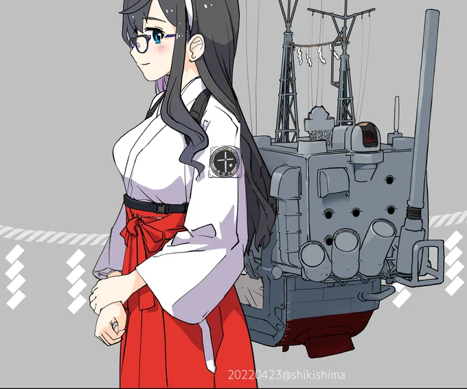 人口密集地での深海棲艦掃討作戦を前に特別な戦闘装束を着用する大淀。「装束による打撃力向上はほぼありません・・・ですが対人(広報)面では著しい効果が認められている事だけは確かですね」
民間人の目がある海域で行われる装束姿での作戦行動は、鎮守府支持率の向上に効果があったといわれている 