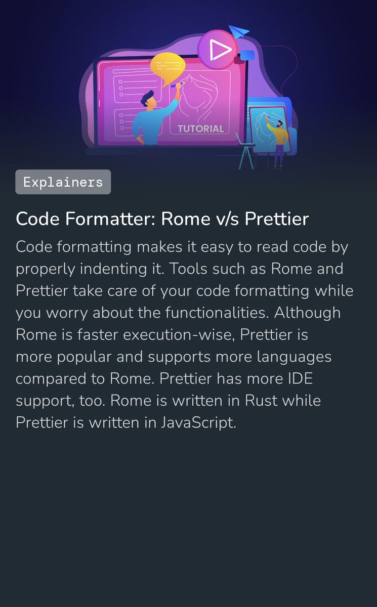 DevBytesApp's tweet image. Code Formatter: Rome v/s Prettier

#javascript #codeformatter #ProgrammingTips