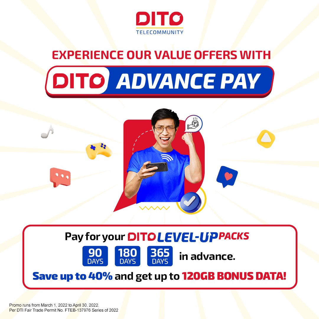 DITOphofficial's tweet photo. Subscribe to DITO Advance Pay, our new payment feature, to get you covered for 90, 180, or 365 days with MORE SAVINGS and MORE BONUS DATA! πππ»
Learn more: https://t.co/uUzqVSmr6S
#LevelUpDITO #DITOAdvancePay #DITOph https://t.co/pzhA3eG216