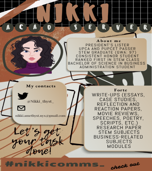 Nikki_thyst_'s tweet photo. ❥Hi! I am Nikki, your academic server. Let's get your task done!

I created my commsheet below so you can get to know me and my expertise! If you have any inquiries, you can always message me ^^

You can visit #nikkicomms_ for feedback. Retweets are deeply appreciated. https://t.co/OWSNb0inb4