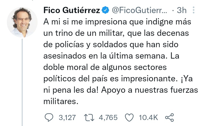 IvanCoello's tweet photo. @FicoGutierrez Cuidado que el Chávez colombiano del futuro puede ser Fico por este trino que pretende despojar institucionalidad a Colombia y al poder civil, al que debe estar sometido la fuerza militar, para darle poder de abuso a los uniformados y así terminar con la democracia. Yo advierto. https://t.co/wT4VJB04mp
