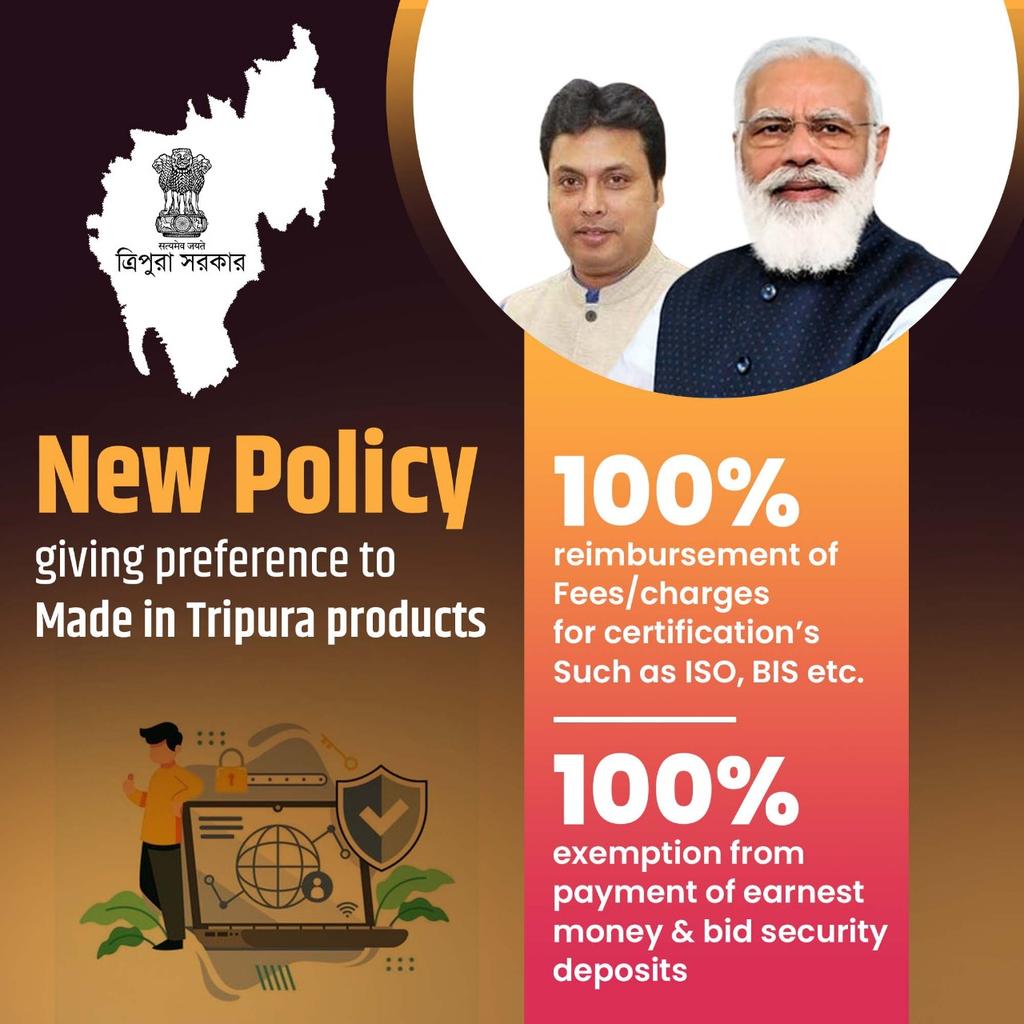 BjpBiplab's tweet photo. To boost the Made in #Tripura initiative, 100% reimbursement of Fees/charges for certifications Such as ISO, BIS etc will be given.

It will help the state to march ahead on the path of #Atmanirbharta and will open new avenues of economic development. https://t.co/1eeGZgotP0
