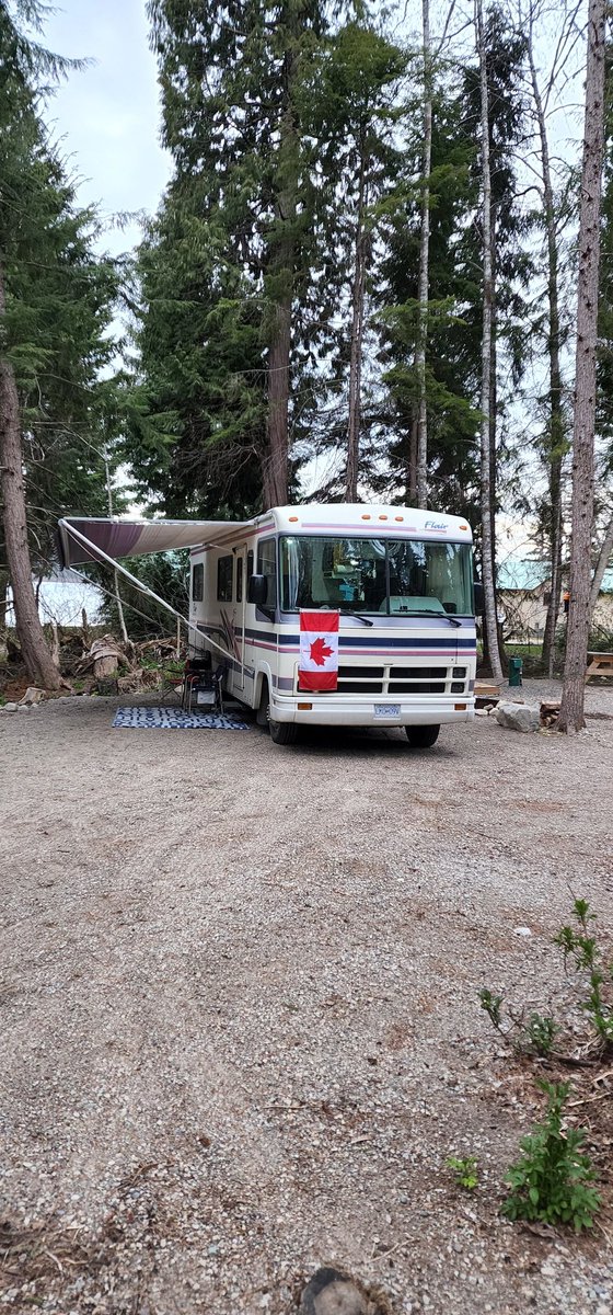 Camping 
Nothing like it in April with an A class retro motorhome affectionately named 'Hungry Bitch' for her insatiable appetite for gasoline.
#WaterlillyBay
#Lakelse #Terrace #BritishColumbia