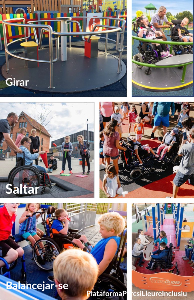 ParcsInclusius's tweet photo. Hi ha elements de joc dissenyats per cobrir les necessitats de tots els nens, gronxadors, balancins, tobogans… i fer-los inclusius on els nens amb i sense discapacitat, poden jugar junts. Ara. s'han de fer més comuns a tots els parcs perquè tots puguin jugar sense distinció. https://t.co/TQSiTQbfPf