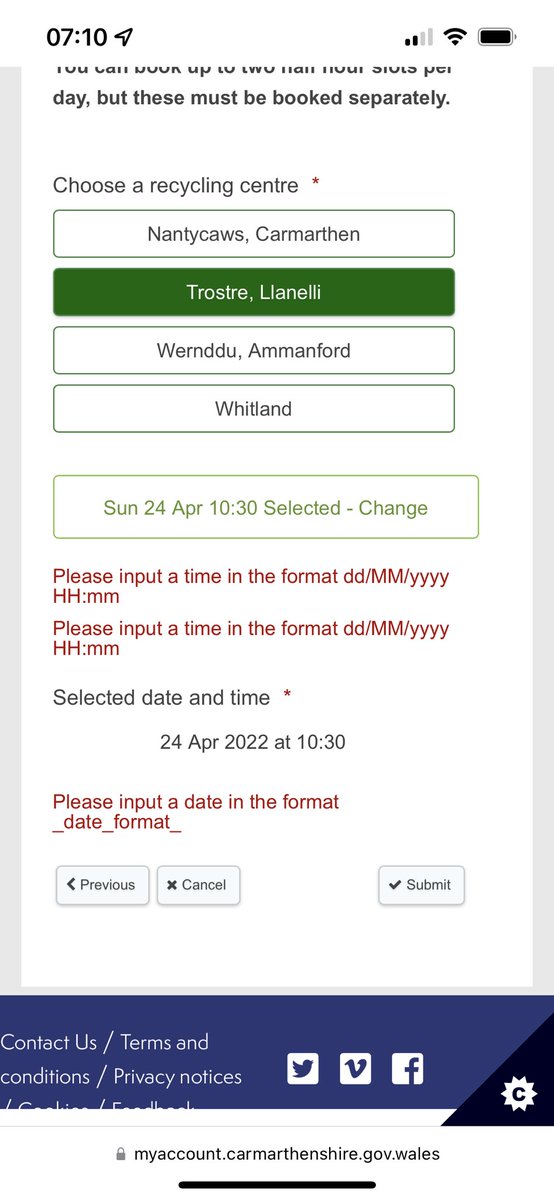 lisa_clem's tweet photo. @CarmsCouncil can I just turn up at the recycling Center as when I’m trying to book a slot it’s coming up with this and won’t let me submit! https://t.co/nPkN63sajK