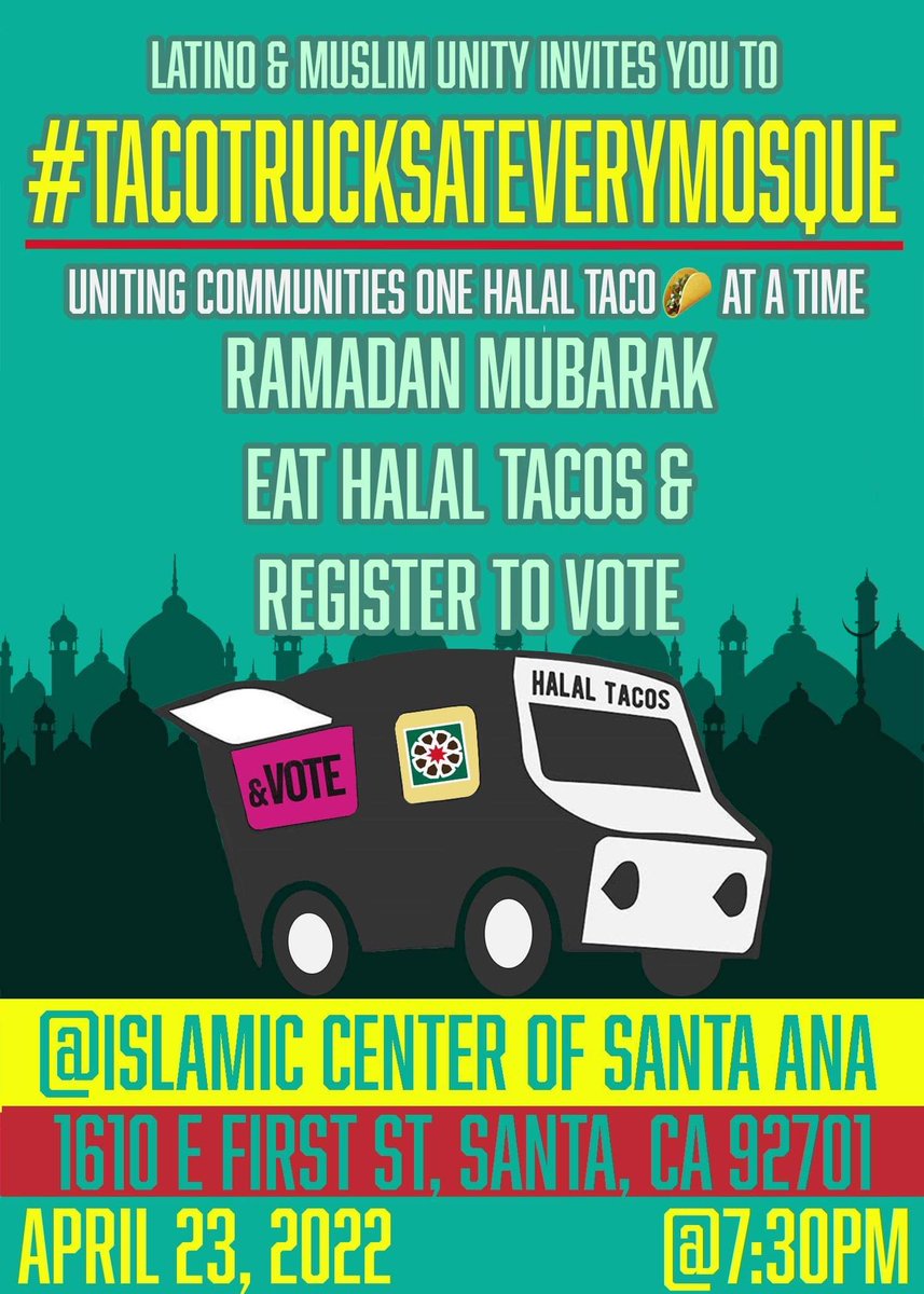 Free anti-racist tacos for everyone! Fighting hate one halal taco at a time 4/23 7:30pm at Islamic Center of Santa Ana. #SantaAna #Unity #Tacos #Ramadan