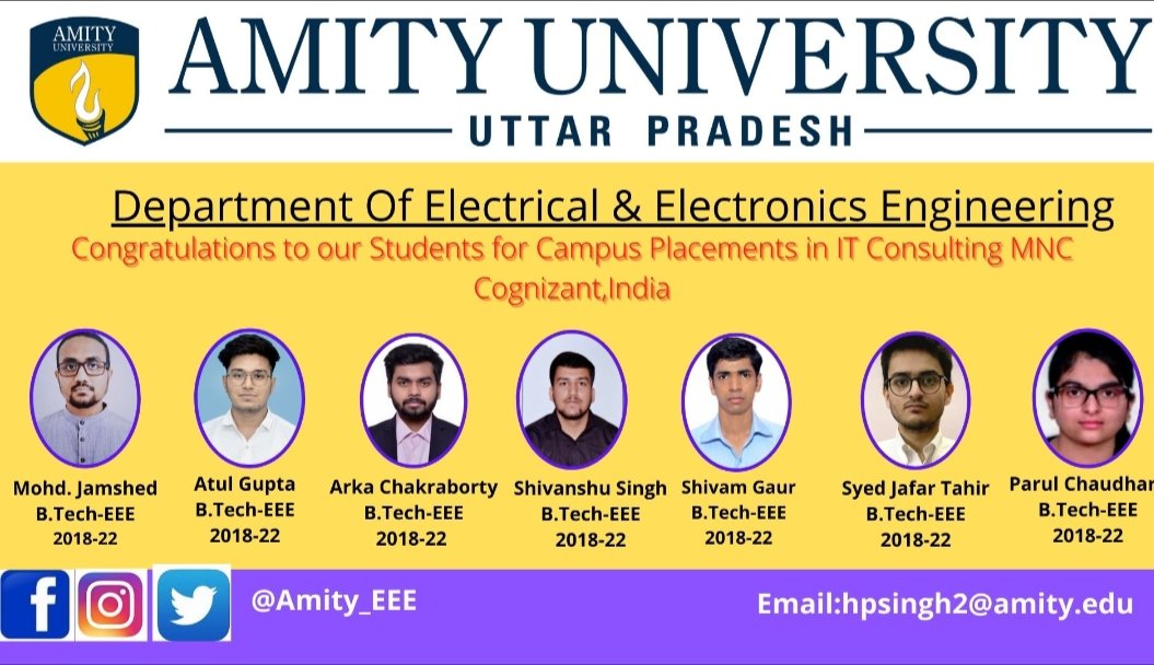 Amity_EEE's tweet photo. Congratulations to our students #MohdJamshed #Atulgupta #ArkaChakraborty #shivanshusingh #ShivamGaur #SyedJafarTahir and #ParulChaudhary for getting placed in #cognizant India.
@DrManoj59162272 @dr_hpsingh @AmityUni https://t.co/39jEnrmiIq