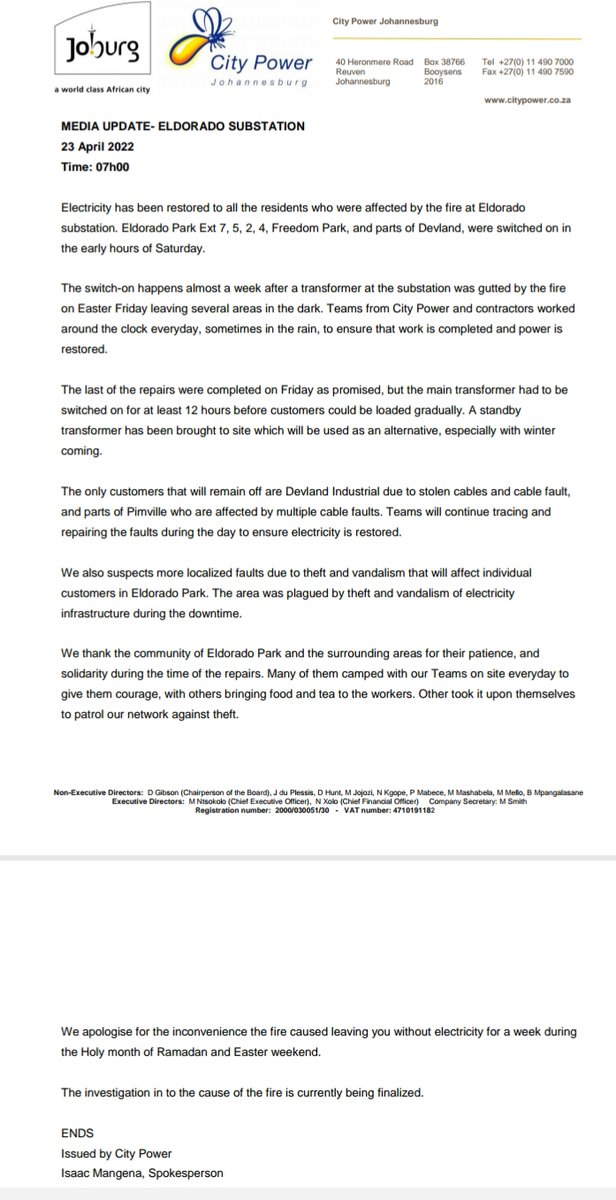 CityPowerJhb's tweet photo. #JoburgUpdates #EldosFire

Electricity has been restored to all the residents who were affected by the fire at Eldorado Substation. Eldorado Park Ext 7, 5, 2, 4, Freedom Park, and parts of Devland, were switched on in 
the early hours of Saturday. ^LP https://t.co/SgqnIqLOMW
