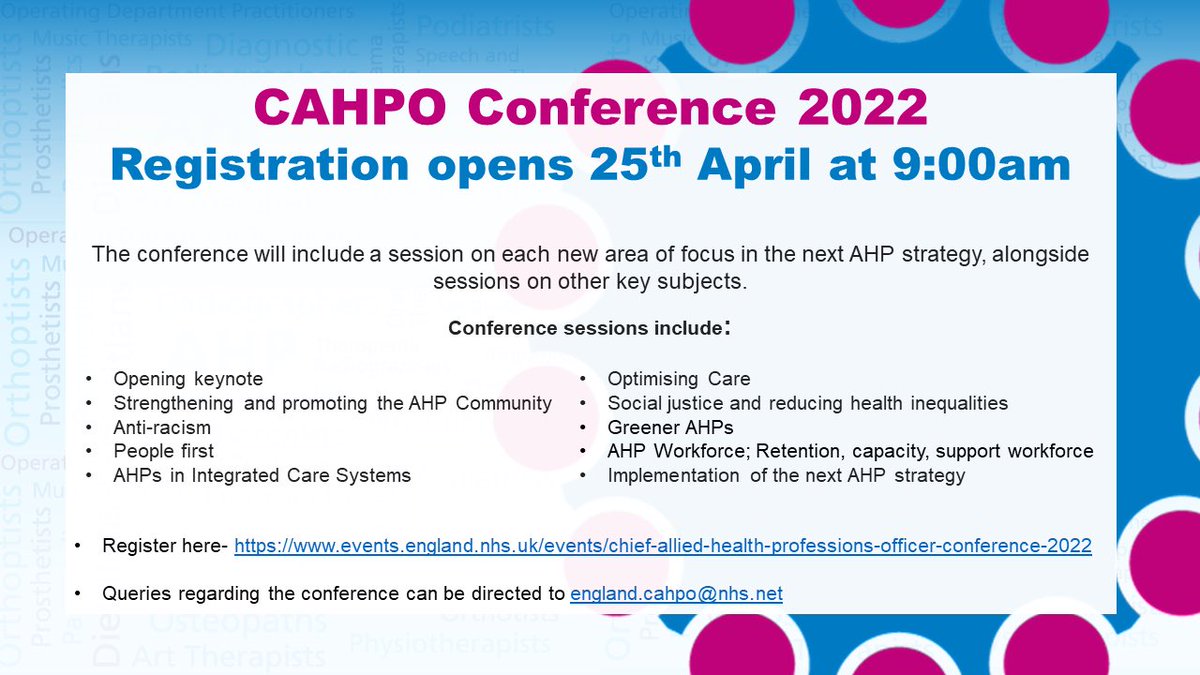 SuzanneRastrick's tweet image. 🚨#CAHPO22 Alert

📆Registration for #CAHPO22 opens 9am 25 April 2022
 
Looking forward to launching our next #AHPStrategy for England over this ‘virtual’ 3 day online event. More details 👇👇

Don’t miss out!

@WeAHPs