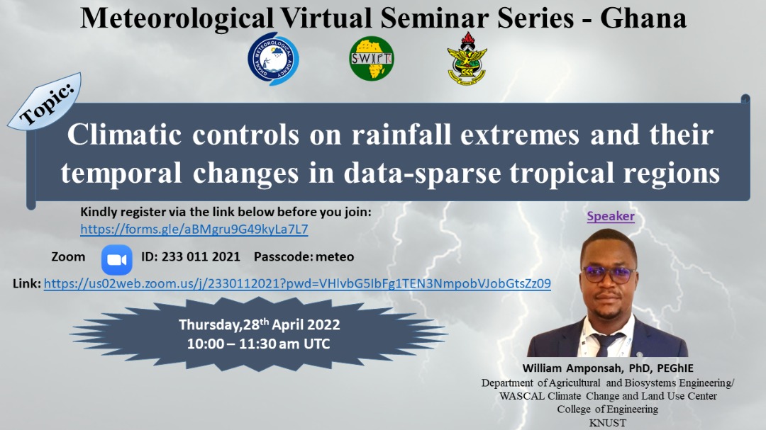 WillzAmponsah's tweet photo. Join us on Thursday, April 28, 2022 at 10AM to discuss the statistics of rainfall extremes with a broader context of flood prediction in data-scarce tropical regions. https://t.co/6b3wixsNPE