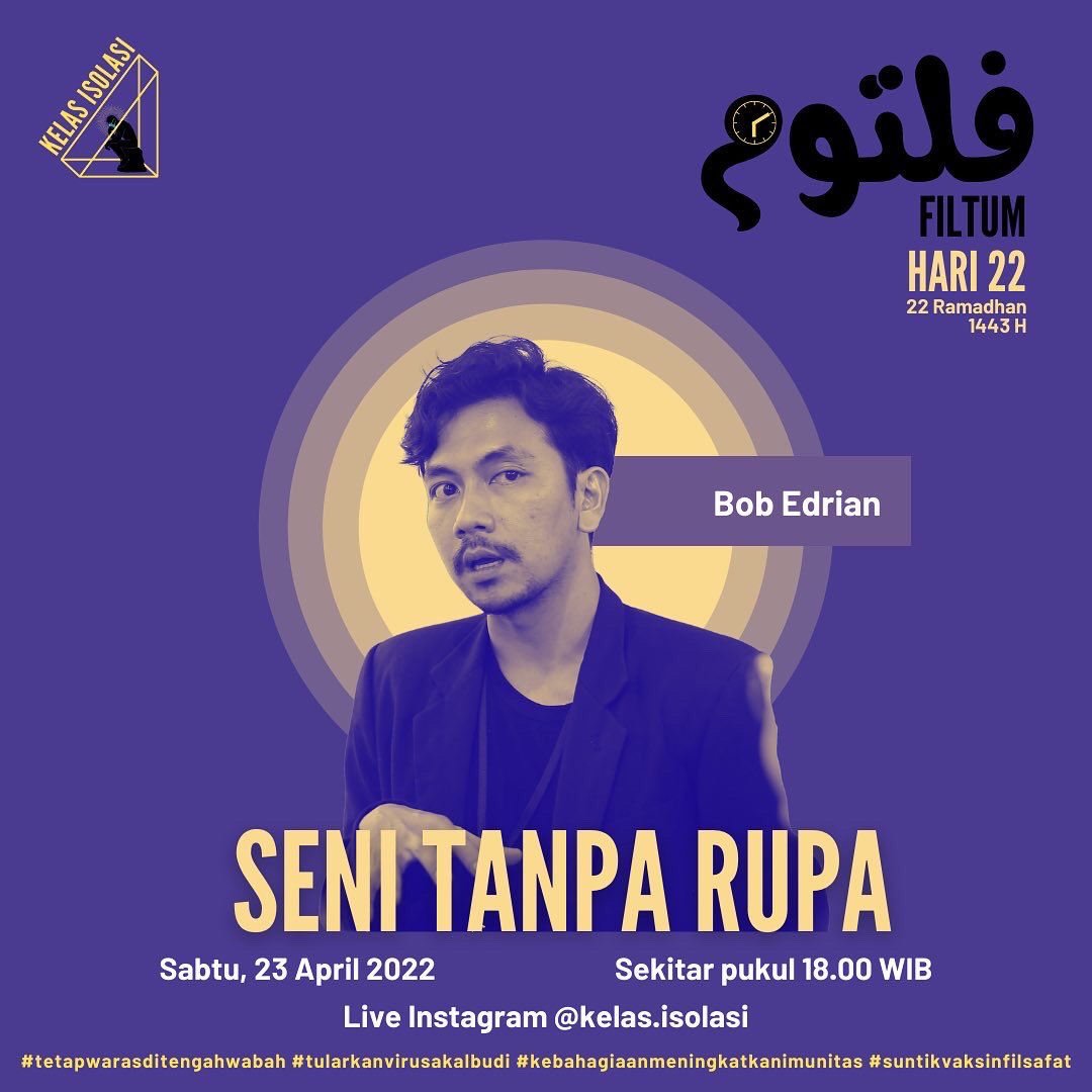Jangan lupa sore ini, setelah jam 6 WIB yaa! Kita akan mendengarkan ceramah FILTUM dari <a href="/bobedrian/">Bob Edrian</a> (in-house curator di NuArt Sculpture Park). Topik yang akan dibahas: Seni Tanpa Rupa. Stand by di IG Live instagram.com/kelas.isolasi! 👋🏻