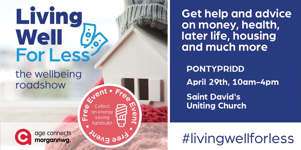 ACMorgannwg's tweet photo. Next stop for our Living Well For Less roadshow is Pontypridd. We will be at the Saint David's Uniting Church, Gelliwastad Road, on Friday 29th April. Join us for help and advice from a range of fantastic organisations.
All welcome.
#livingwellforless #Pontypridd https://t.co/yAh9Z1AhMH