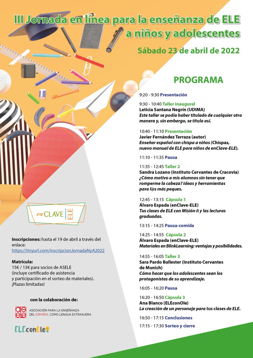Iniciamos nuestra III Jornada en línea para la enseñanza de #ELE a niños y adolescentes ✏️📚 en colaboración con <a href="/ASELE_ELE/">ASELE</a> y <a href="/eleconole/">Eleconole</a> 👌Síguenos con las etiquetas: #CreativosELE #Niñosyadolescentes #twitterELE