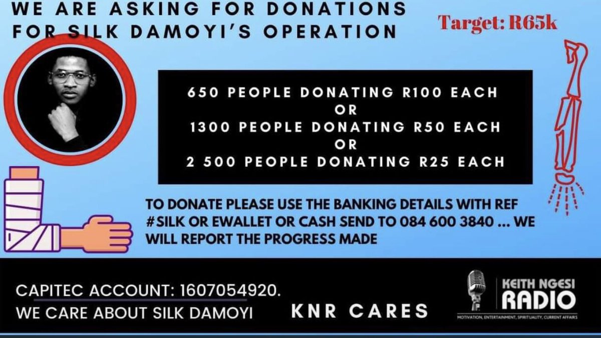 Azzy_EC's tweet photo. PLEASE HELP: @MrSilk_D recently got his big break in radio broadcasts by joining SABC @trufm 

A week later he got involved in a terrible car accident that left him terribly injured. Now we kindly ask for donations for his operation, all details on the 4th frame. PLEASE HELP.!!🙏🏽 https://t.co/sHTz5h6CVP