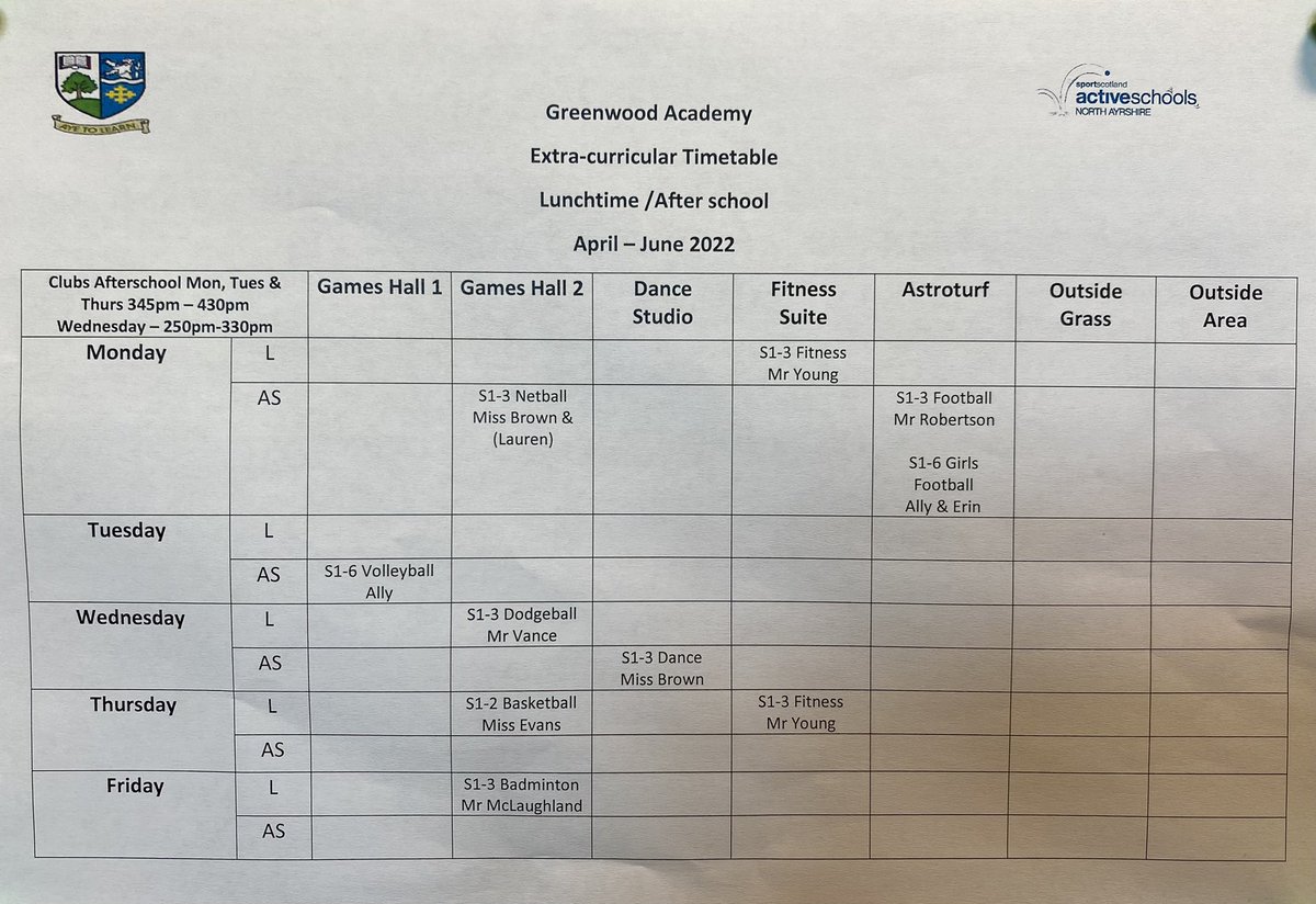 #NAParticipation 💛🖤 

Our new extra curricular sporting time table <a href="/Greenwood_Acad/">Greenwood Academy</a> starts this Monday! 🏀 ⚽️ 🏸 

Come down to PE and join in, it’s going to be lots of fun 

#NAActive 

<a href="/TEAMPEGW/">Greenwood PE dept</a> <a href="/NAActiveSchools/">North Ayrshire Active Schools</a> <a href="/hegkat/">K Hegarty</a>