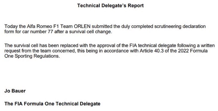 FIA confirms a survival change for Bottas. 
#F1 #AlfaRomeo