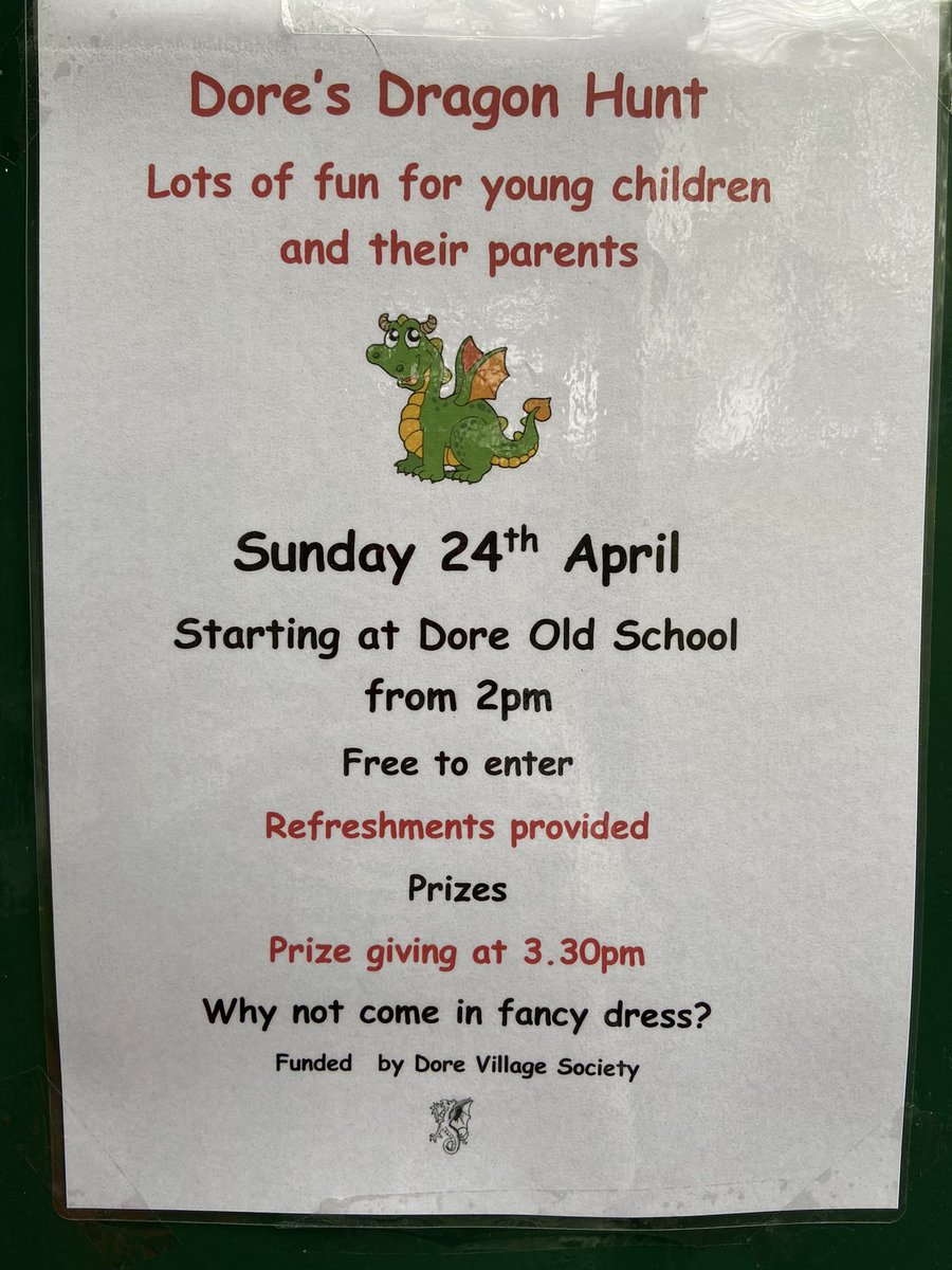 DoreVillageSoc's tweet photo. Fancy hunting a dragon this weekend? It’s Theodore’s first public appearance for two years although he was seen briefly during the DVS Living Advent Calendar in 2020. Dore people who know about King Ecgbert might think we should be hunting a Wyvern - dragons are worth hunting too https://t.co/2xJzIpBypY