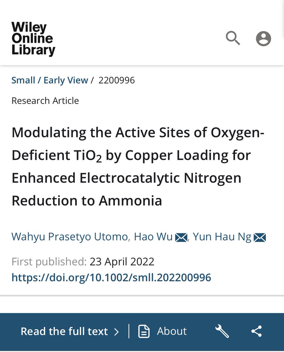 Our recent study on SMALL reported the strong metal-support interaction between Cu metals and oxygen-deficient TiO2, which results in lopsided local charge distribution, polarising the adsorbed N2 molecules for better activation. Thanks <a href="/NergyCare/">Yun Hau NG CAREnergy_Lab@CityU</a>! (onlinelibrary.wiley.com/doi/10.1002/sm…)