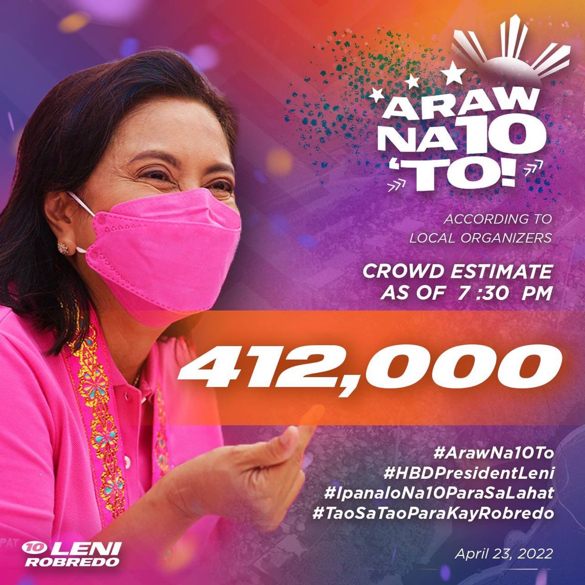 newswatchplusph's tweet image. Another record for Leni-Kiko rally! Crowd estimate as of 7:30pm: 412,000 per local organizers. #TheFilipinoVotes | @anjocalimario