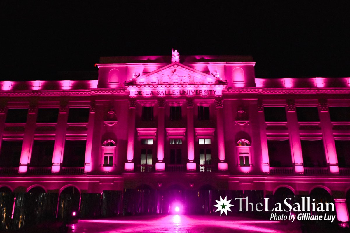 PHOTO: St. La Salle Hall is lit up in pink tonight, April 23, on the day of Vice President and presidential candidate Leni Robredo’s birthday and Pasay City People’s Rally. DLSU administrators have previously released an official endorsement for Robredo.